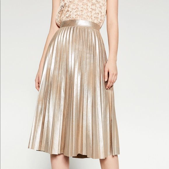 Lush Dresses & Skirts - Lush Champagne Metallic Pleated Midi Skirt
